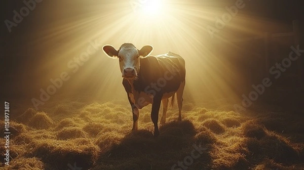 Fototapeta Cow standing in hay field, backlit by sun's rays.