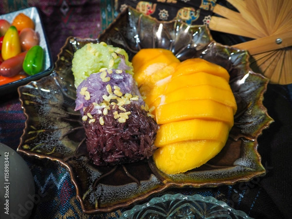 Fototapeta Traditional Thai Dessert with Mango and Sticky Rice 4