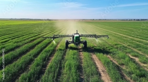 Fototapeta ractor spray fertilizer on green field drone high angle view, agriculture background concept.
