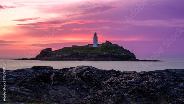 Obraz Sunset on Godrevy Island Lighthouse, Cornwall