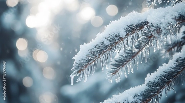 Fototapeta Frosty fir branches with melting snow and icicles, soft bokeh effect highlighting the tranquil forest background.