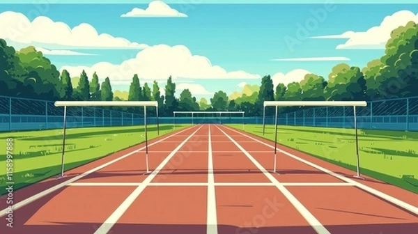 Fototapeta Colorful Illustration of a Hurdle Track with Bright Blue Sky and Lush Green Trees, Perfect for Sports-Themed Designs and Educational Materials