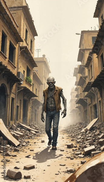 Fototapeta Zombie walking through a ruined street with desolation in a post-apocalyptic environment