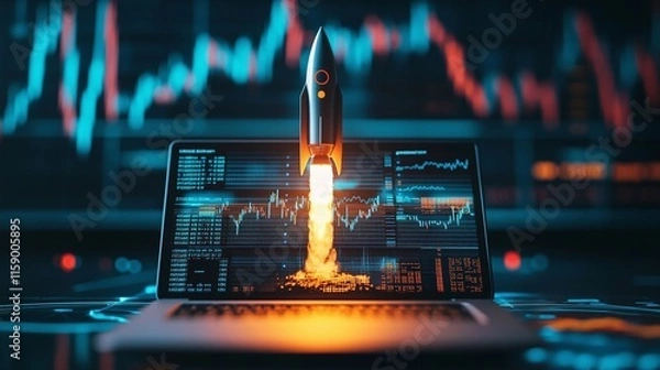 Fototapeta Colorful rocket launching from laptop screen with stock market graph background, isolated and transparent. Perfect for layouts and design elements to optimize visuals.