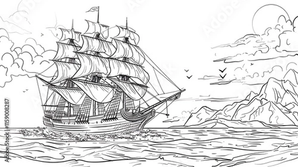 Fototapeta ship at the sea line art outline no color for colouring book