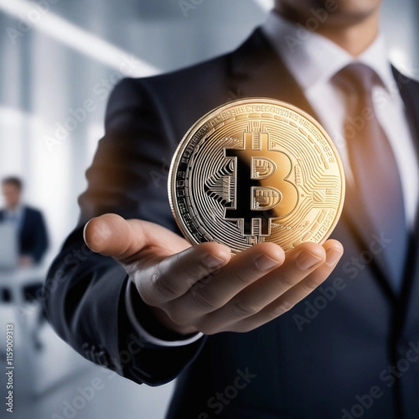 Fototapeta Close-Up of a Hand Holding a Shiny Bitcoin Coin with a Blurred Background, Highlighting Cryptocurrency and Blockchain Technology Concepts