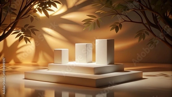 Fototapeta Abstract minimal nature scene - empty stage with three white rectangle podiums on beige background and shadows of tree leaves. Pedestal for cosmetic product and packaging mockups display presentation