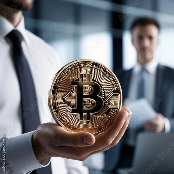 Fototapeta Close-Up of a Hand Holding a Shiny Bitcoin Coin with a Blurred Background, Highlighting Cryptocurrency and Blockchain Technology Concepts