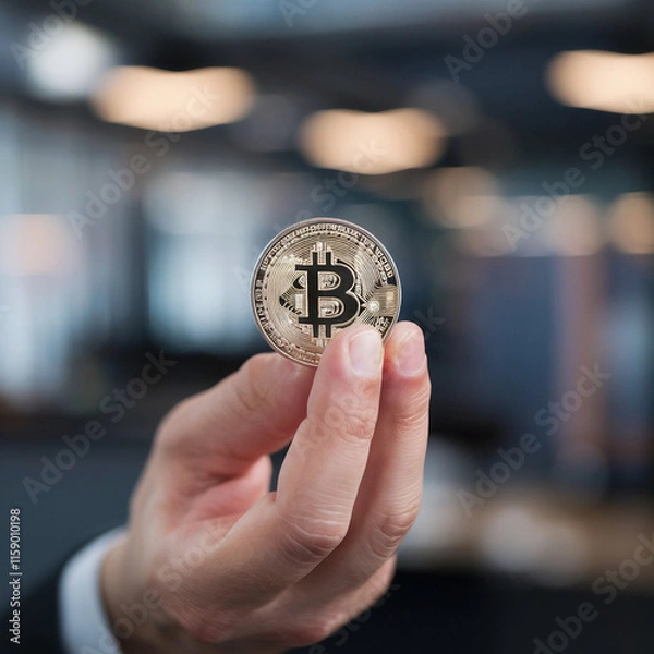 Fototapeta Close-Up of a Hand Holding a Shiny Bitcoin Coin with a Blurred Background, Highlighting Cryptocurrency and Blockchain Technology Concepts