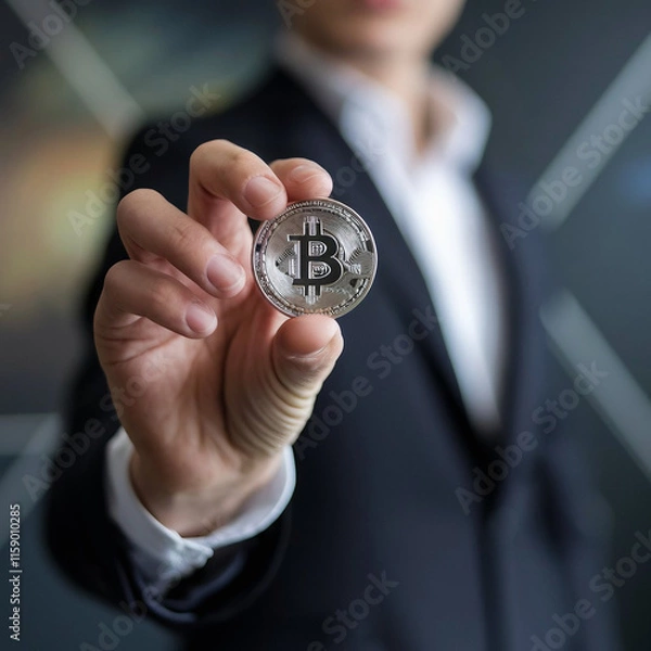 Fototapeta Close-Up of a Hand Holding a Shiny Bitcoin Coin with a Blurred Background, Highlighting Cryptocurrency and Blockchain Technology Concepts