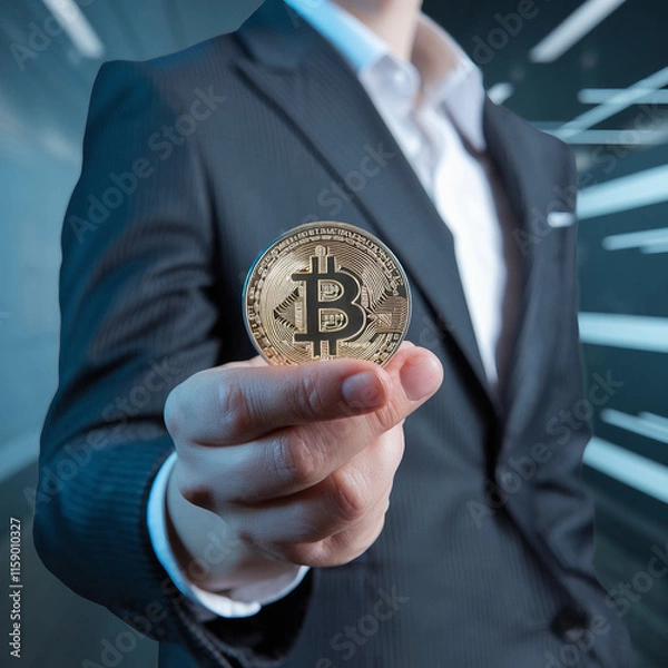 Fototapeta Close-Up of a Hand Holding a Shiny Bitcoin Coin with a Blurred Background, Highlighting Cryptocurrency and Blockchain Technology Concepts