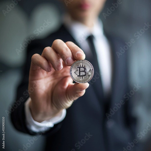 Fototapeta Close-Up of a Hand Holding a Shiny Bitcoin Coin with a Blurred Background, Highlighting Cryptocurrency and Blockchain Technology Concepts