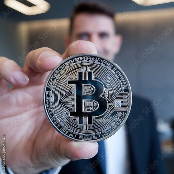 Fototapeta Close-Up of a Hand Holding a Shiny Bitcoin Coin with a Blurred Background, Highlighting Cryptocurrency and Blockchain Technology Concepts