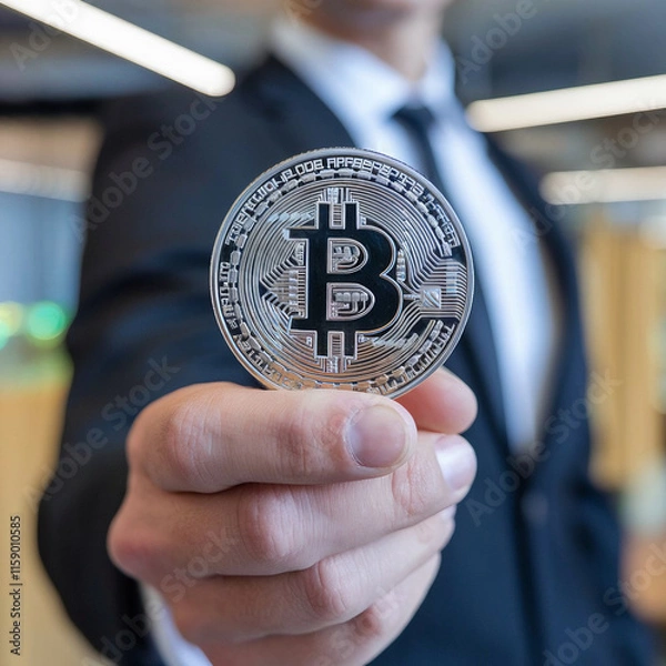 Fototapeta Close-Up of a Hand Holding a Shiny Bitcoin Coin with a Blurred Background, Highlighting Cryptocurrency and Blockchain Technology Concepts