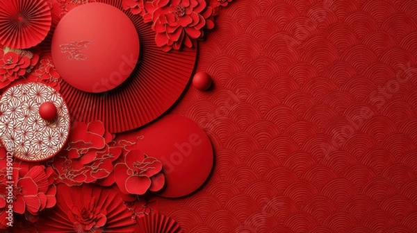 Fototapeta chinese new year 2025 concept. Elegant red patterns with floral elements and circular shapes