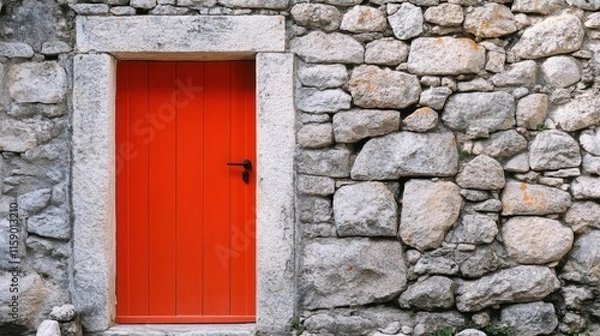 Fototapeta Bright Orange Door Framed by Rustic Stone Wall in Natural Setting