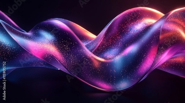 Fototapeta Abstract liquid glass holographic iridescent neon curved wave in motion on a dark background, 3D render