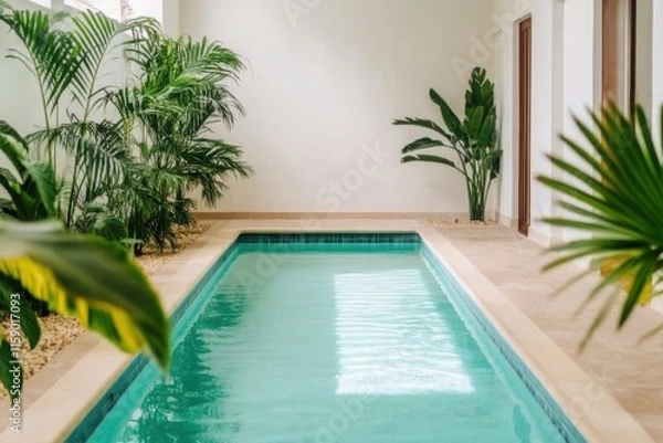 Fototapeta A serene indoor pool surrounded by lush greenery, creating a peaceful and refreshing atmosphere for relaxation and tranquility.