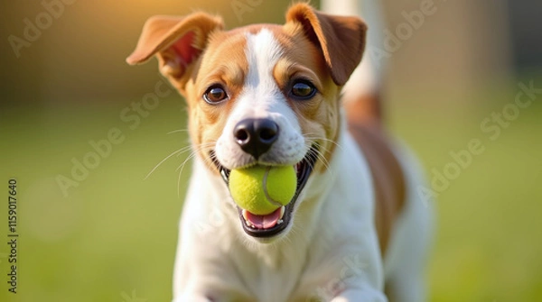 Fototapeta Happy Playful Joyful Jack Russell Terrier Dog Running in Green Grass Field to Fetch a Tennis Ball on Sunny Spring or Summer Day, Active Pet