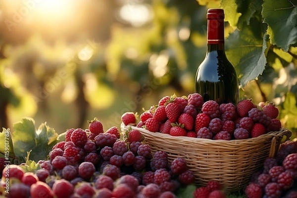 Fototapeta Red wine bottle with raspberries and strawberries in a vineyard at sunset.