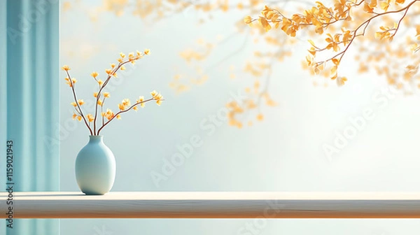 Fototapeta Minimalist scene of small yellow flowers in a light blue vase on a wooden shelf against a blurred background of branches and a teal curtain.