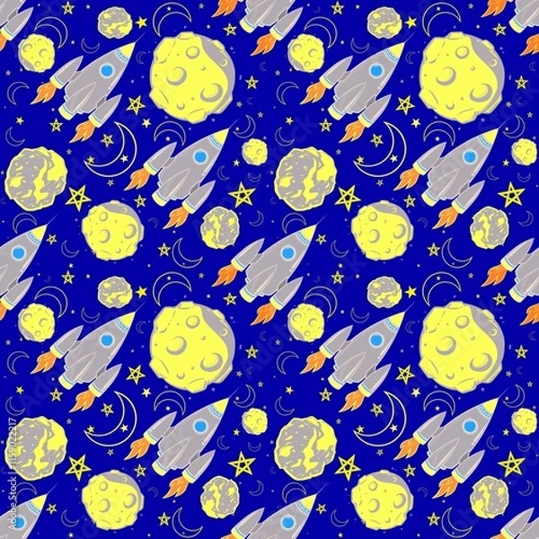 Fototapeta Childish seamless pattern with hand drawn space elements space, rocket, star, orbit, planet. Trendy kids background.