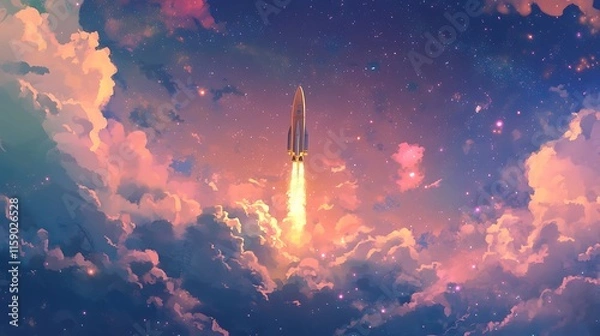 Fototapeta Rocket Ascending Through Colorful Cloudscape
