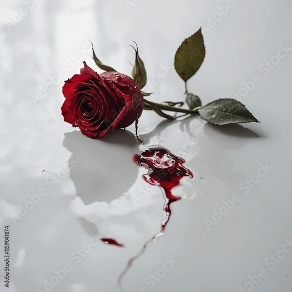 Obraz A wilted red rose lying on a smooth, white ceramic surface.