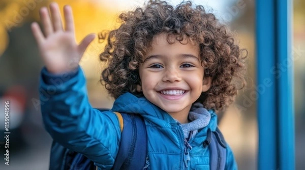 Fototapeta A cheerful child with curly hair waves goodbye at the school entrance, bathed in soft early morning light, symbolizing innocence and new beginnings. 