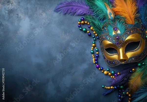 Fototapeta Colorful Mardi Gras Mask with Feathers and Beads Against a Dark Textured Background, Perfect for Celebrations and Festive Events