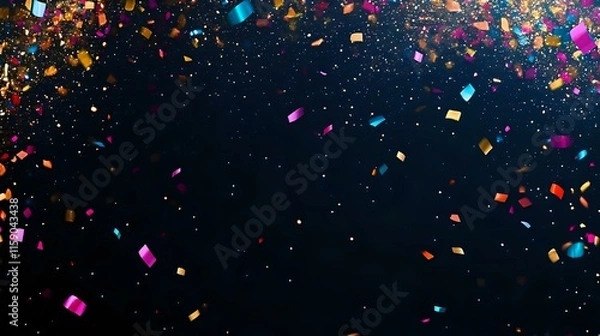 Obraz Vibrant Christmas and New Year banner with colorful confetti and champagne glasses on a sleek black background with soft golden sparkles