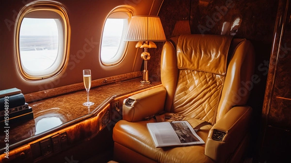 Fototapeta A first-class cabin seat with a reclining chair, a glass of champagne, and a small reading lamp: