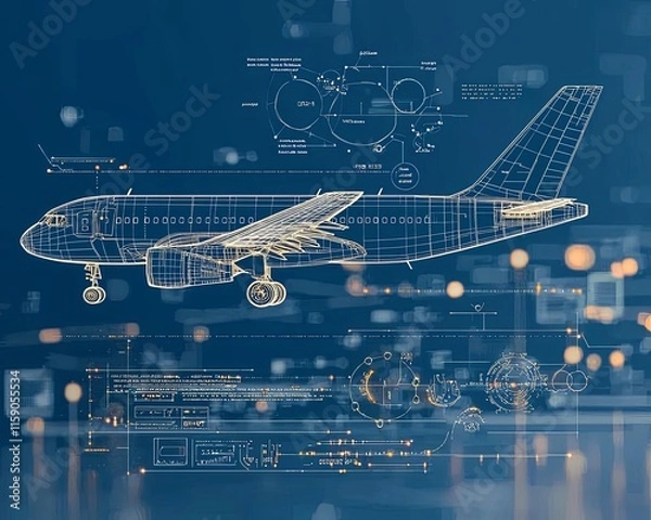 Fototapeta Blueprint of an aircraft on digital backdrop.