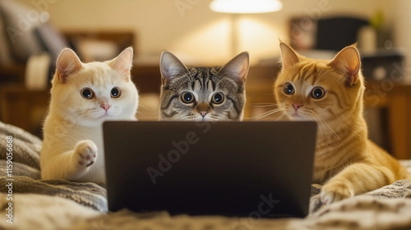 Obraz 猫がノートパソコンを使いながら会議やミーティング、雑談、議論、討論、検討などをしている画像