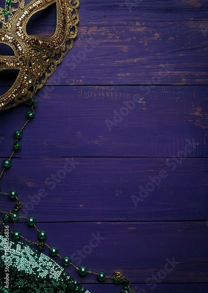 Fototapeta Decorative gold mask with sequins and beads on a vibrant purple wooden background, perfect for festive celebrations and carnival themes