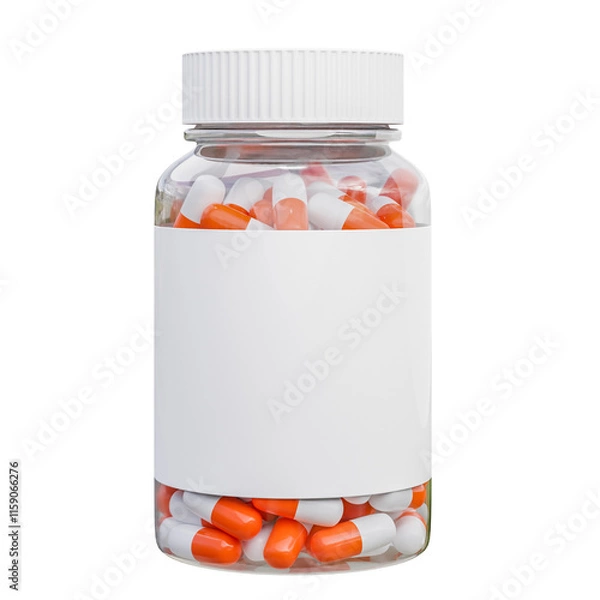 Fototapeta Medicine bottle with blank label. Realistic pills in transparent bottle. Pharmacy remedies 3D rendering.