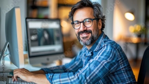 Fototapeta A smiling man with glasses works on a computer, showcasing a casual yet professional environment, with a blurred background.