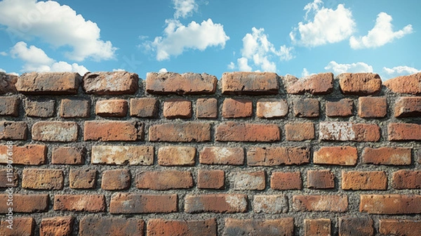 Fototapeta Muro de ladrillos y cielo azul con nubes