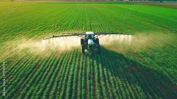 Fototapeta Tractor spray fertilizer on green field drone high angle view,.Fertilizers with toxicity need to be placed or sprayed with caution,agriculture background and agricultural technology concept.