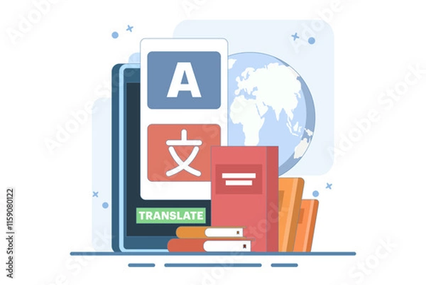 Obraz Translation concept. Online translator. Modern flat cartoon style. Online multilingual translator app concept, Using translator app on smartphone to learn languages. Vector illustration.