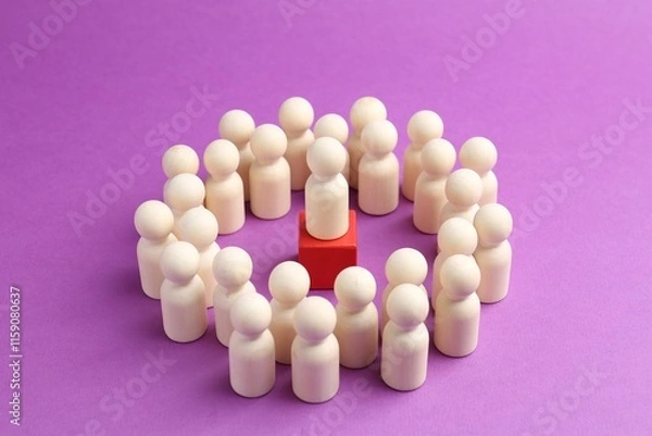 Fototapeta Human figures around red cube with white figure on violet background, closeup. Competition concept