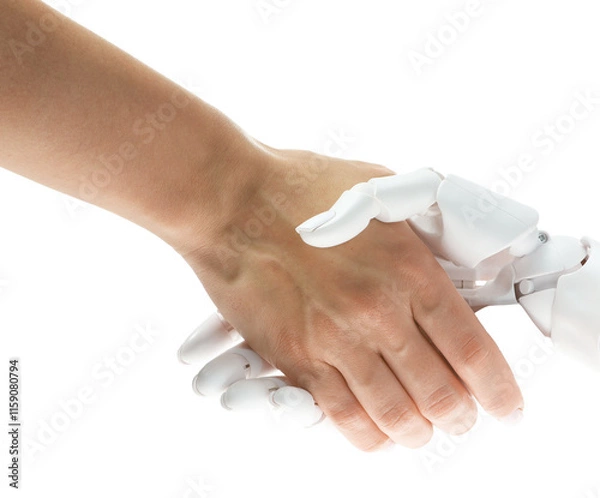 Fototapeta Artificial intelligence. Woman shaking hands with robot on white background, closeup