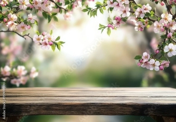 Fototapeta Floral Blooming Branches with Soft Background and Wooden Tabletop Ready for Display, Spring Nature Concept with Blurred Garden View, Perfect for Seasonal Decoration and Invitations