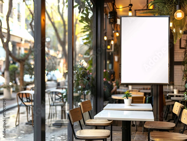 Fototapeta frame mockup poster displayed outside a building restaurant cafe