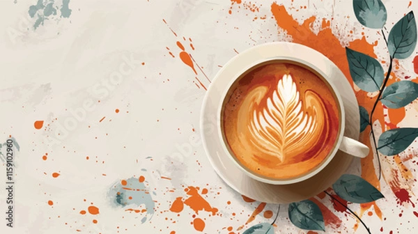 Fototapeta A steaming cappuccino in a white mug with a heart-shaped foam sits on a wooden table, ready to be enjoyed, vector illustration for restaurant or menu design