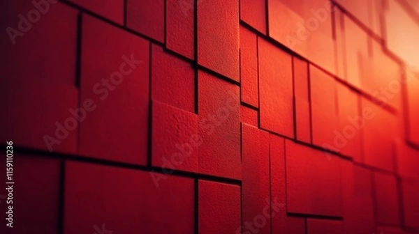 Fototapeta A close-up of a textured red wall featuring overlapping rectangular panels, creating a modern and visually striking design.