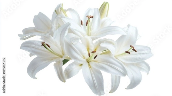 Fototapeta A detailed photograph of a cluster of white lily flowers with delicate petals, isolated white background, naturalistic art style