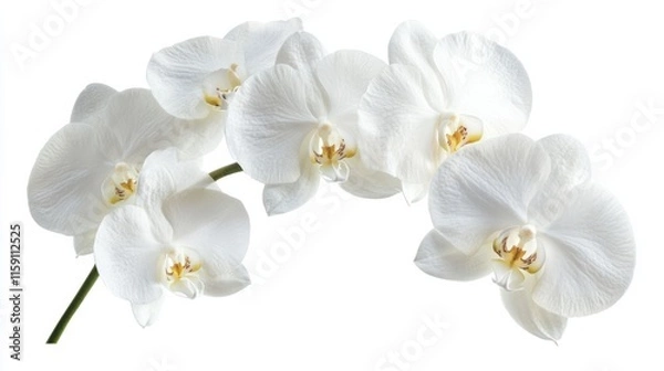 Fototapeta A detailed photograph of a cluster of white orchid flowers with delicate petals, isolated white background, naturalistic art style