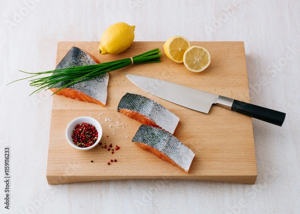 Fototapeta Fresh salmon fillets prepared with lemon and herbs on a wooden cutting board complemented by lemon halves, chives, and a bowl of colorful peppercorns, ready for cooking a nutritious meal