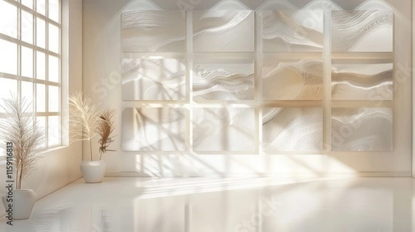 Fototapeta A collection of modern wall art panels with abstract designs and delicate textures, showcased on a clean white background to create a sense of beauty and style